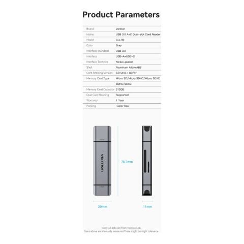 Считыватель флеш-карт Vention USB 3.0 AM/USB-C to SD+TF Gray Dual Drive Letter Aluminum Alloy (CLLH0) - Кардридеры - Кардридеры