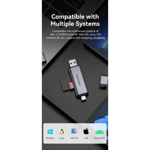 Считыватель флеш-карт Vention USB 3.0 AM/USB-C to SD+TF Gray Dual Drive Letter Aluminum Alloy (CLLH0) - Кардридеры - Кардридеры
