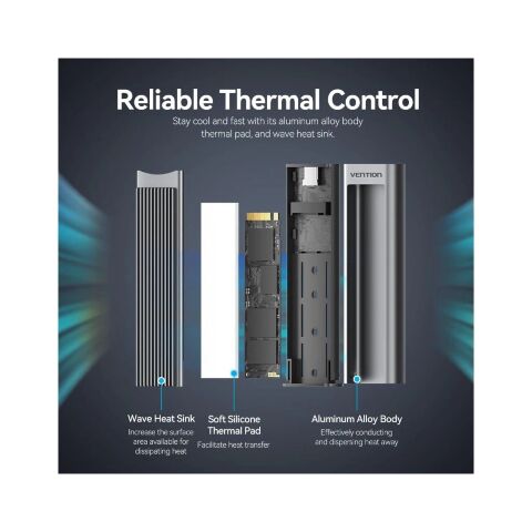 Карман внешний Vention SSD M.2 (NVME) M-key USB Type-C 3.2 10Gbps Heat Sink Aluminum (KPKH0) - Аксессуары к HDD  - Аксессуары к HDD 