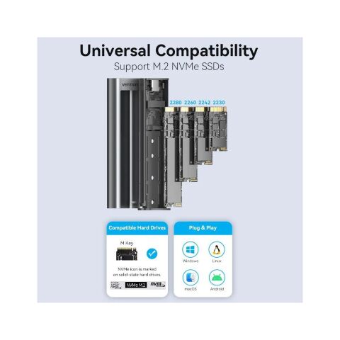 Карман внешний Vention SSD M.2 (NVME) M-key USB Type-C 3.2 10Gbps Heat Sink Aluminum (KPKH0) - Аксессуары к HDD  - Аксессуары к HDD 