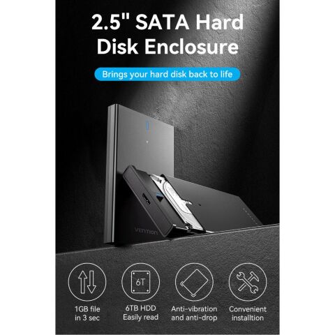 Карман внешний Vention 2.5" HDD/SSD USB 3.0 Micro-B Black (KPAB0) - Нулевой остаток (Feed)  - Нулевой остаток (Feed) 
