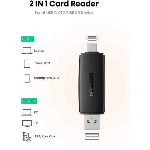 Считыватель флеш-карт Ugreen USB-C + USB to TF/SD 3.0 CM304 black (80191)