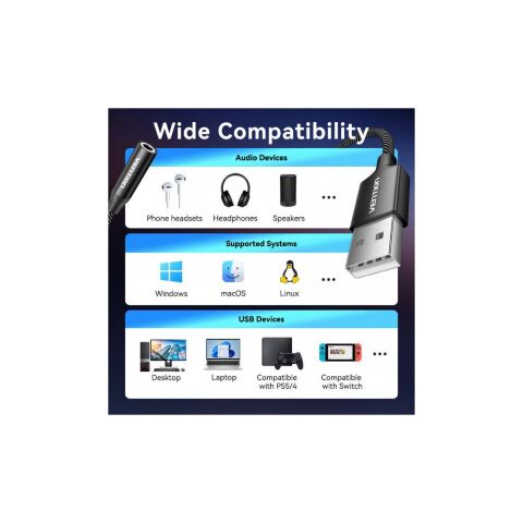 Звуковая плата VENTION USB AM to 3.5mm F 0.25m (4pin) 96kHz/24bit DSP noise reduction (CVEBC) - Звуковые платы  - Звуковые платы 