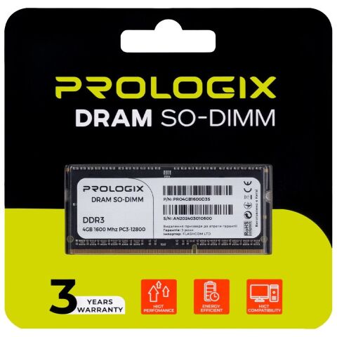Модуль памяти для ноутбука SoDIMM DDR3 4GB 1600 MHz Prologix (PRO4GB1600D3S) - Нулевой остаток (Feed) - Нулевой остаток (Feed)