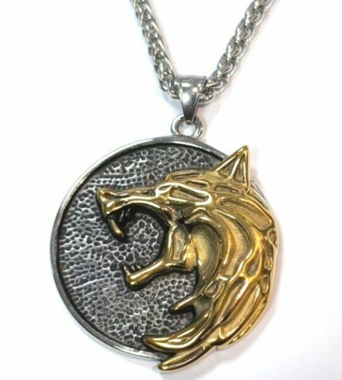 Кулон Геральта медальон 3D Ведьмак (The Witcher Geralt) с нержавеющей стали с рунами (золотой волк) -   -  